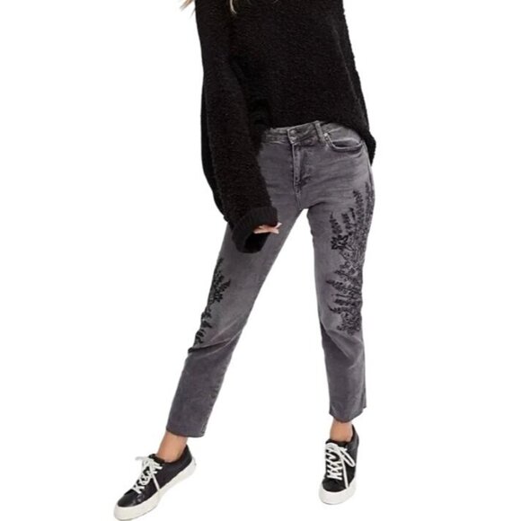 NWOT Free People Gray Embroidered High-Rise Straight Leg Girlfriend Jeans - Picture 2 of 15